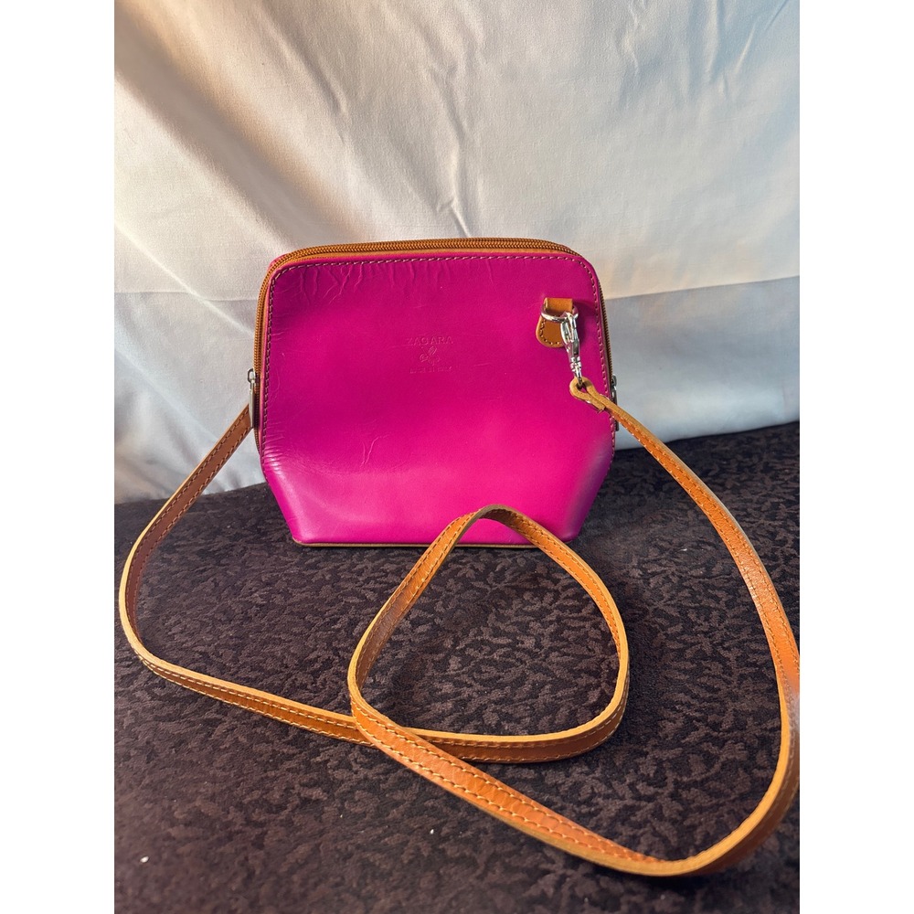 Zagara Magenta Pink Italian Leather Crossbody Bag Tan Trim Made in Italy